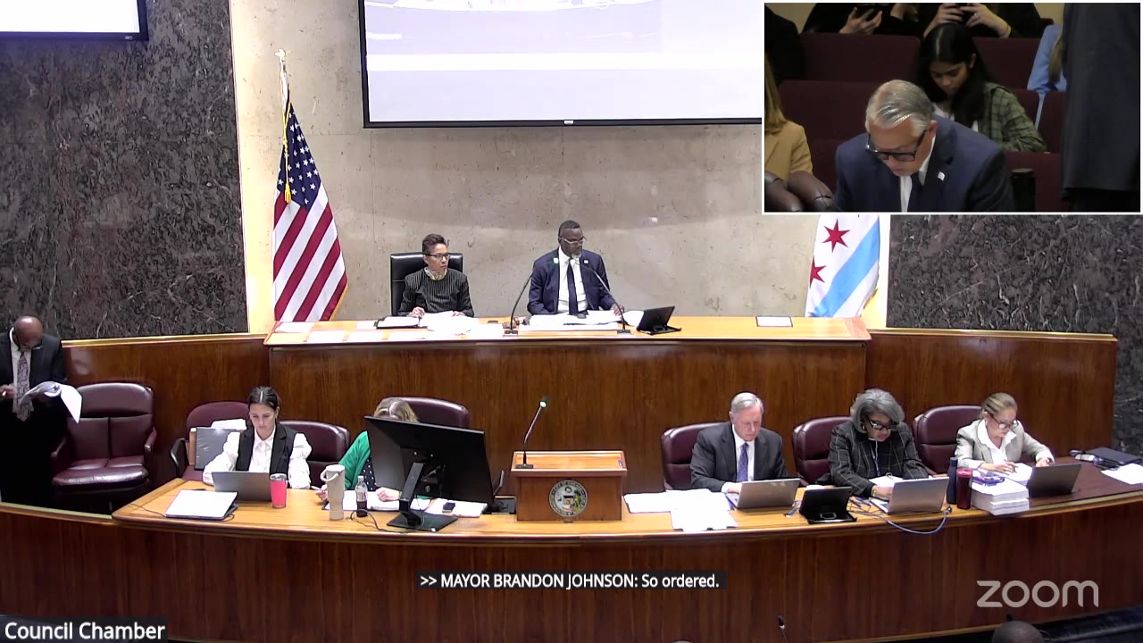 Ald. Gilbert Villegas (36th Ward), inset, presents the Zoning committee's report, including the Altgeld Gardens landmark designation, at the City Council, Sept. 23, 2026