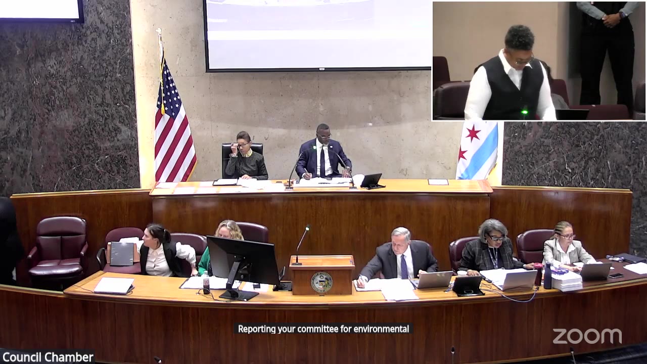Ald. Maria Hadden (49th Ward), inset, reports the data center benchmarking ordinance to the City Council, Sept. 23, 2026