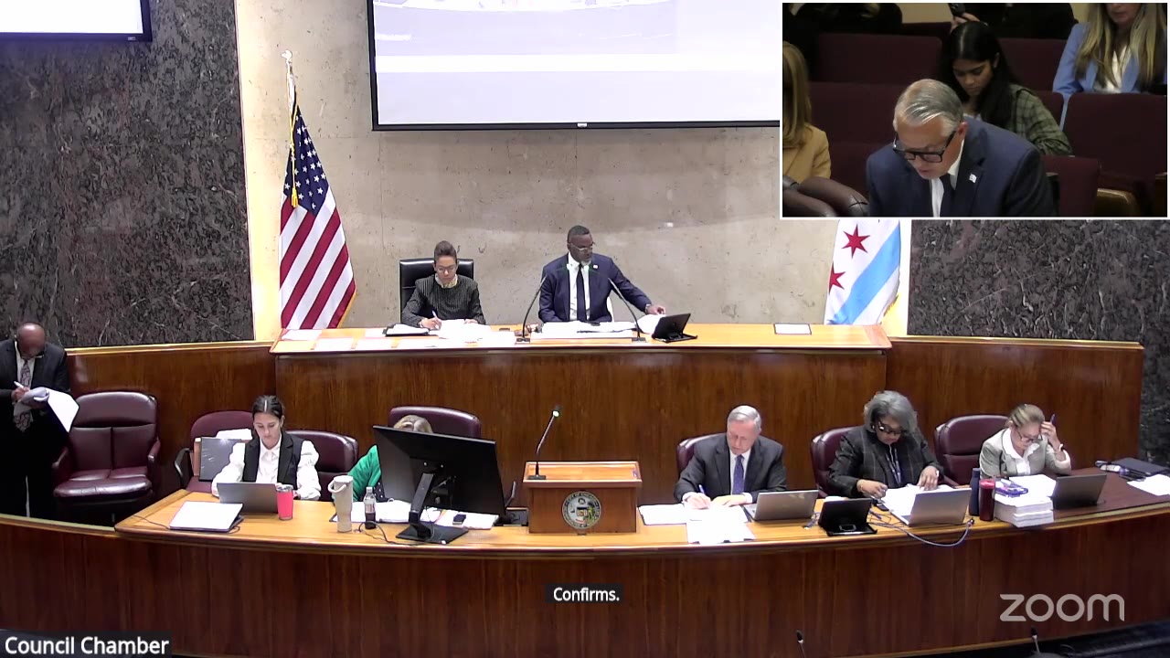 Ald. Gilbert Villegas (36th Ward), inset, presents the Zoning committee's report, including the Bryn Mawr Avenue District designation, at the City Council, Sept. 23, 2026