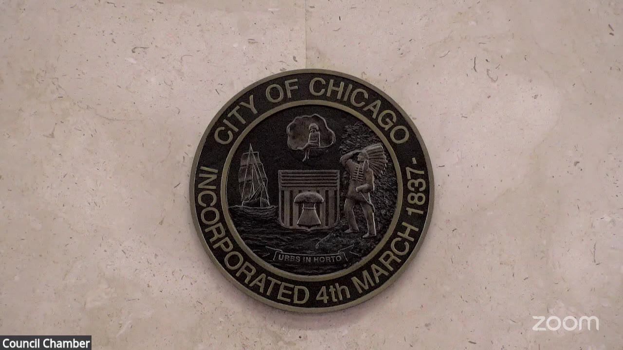 The City of Chicago seal in the City Council chamber, before the Council's Oct. 14, 2026 meeting