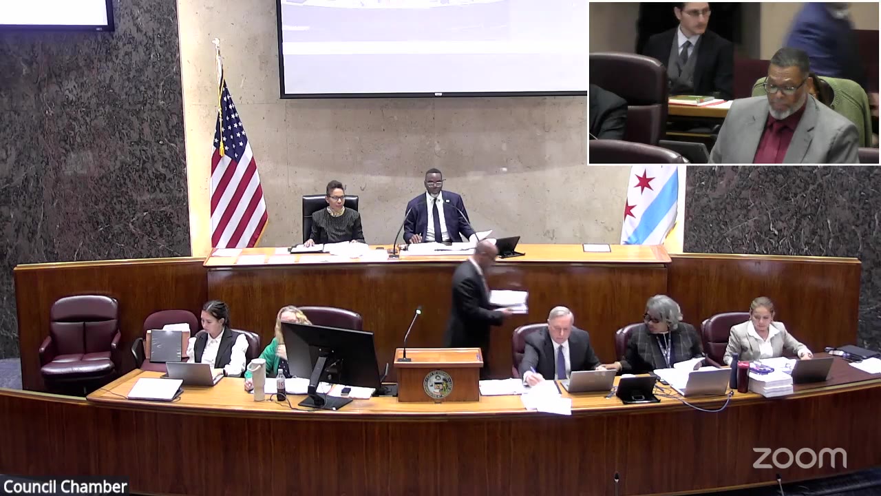 Ald. Chris Taliaferro (29th Ward), inset, reports the CTA policing agreement to the City Council, Sept. 23, 2026