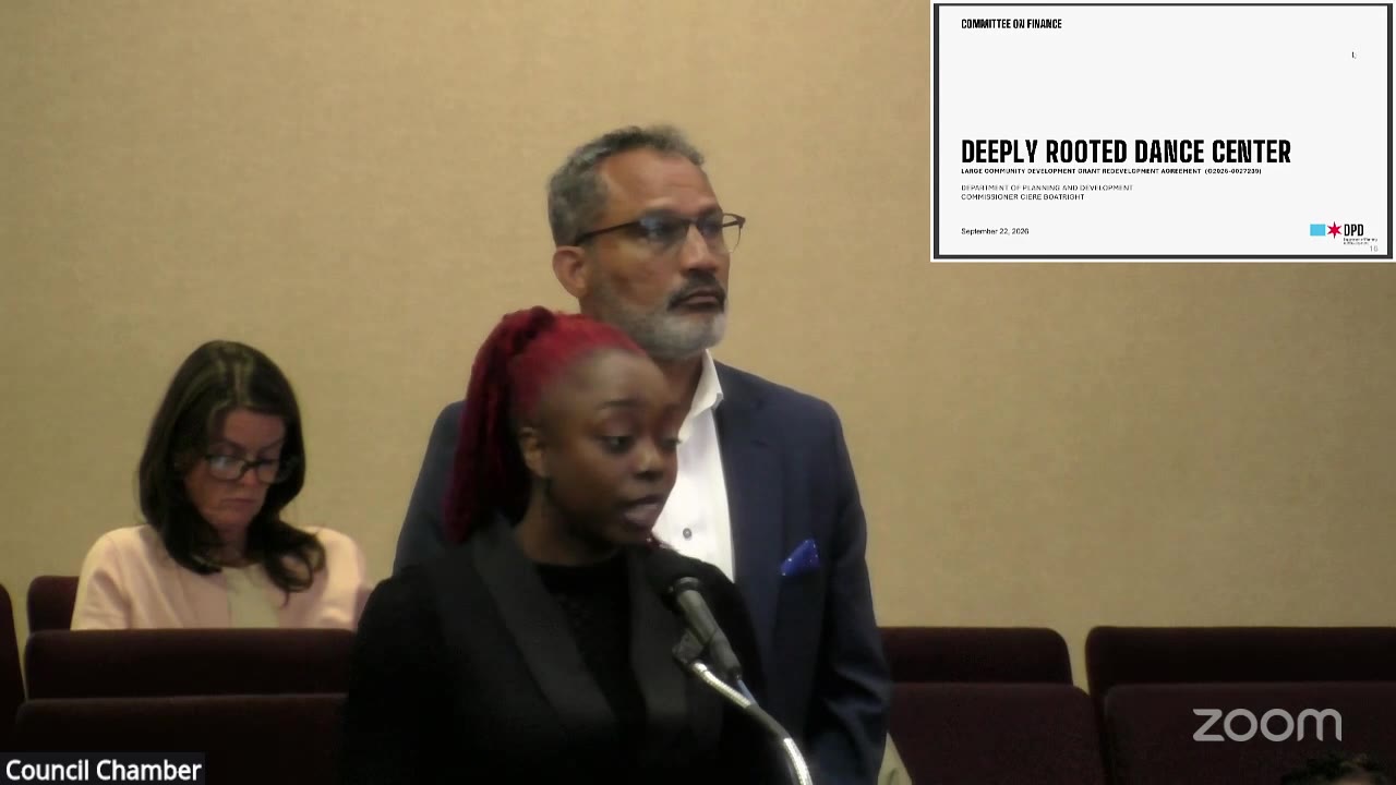 Deeply Rooted's executive director, Makeda Creighton, speaks to the Committee on Finance about the dance center, Sept. 22, 2026