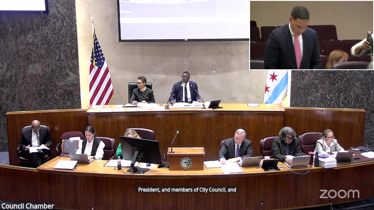 Ald. Matthew Martin (47th Ward), inset, reports the ethics ordinance to the City Council, Sept. 23, 2026