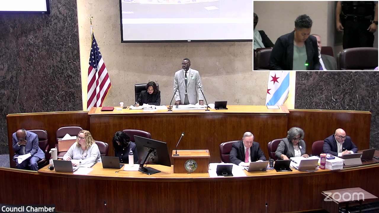 Ald. Maria Hadden (49th Ward), inset, reports the polystyrene foam ordinance to the City Council, Oct. 14, 2026