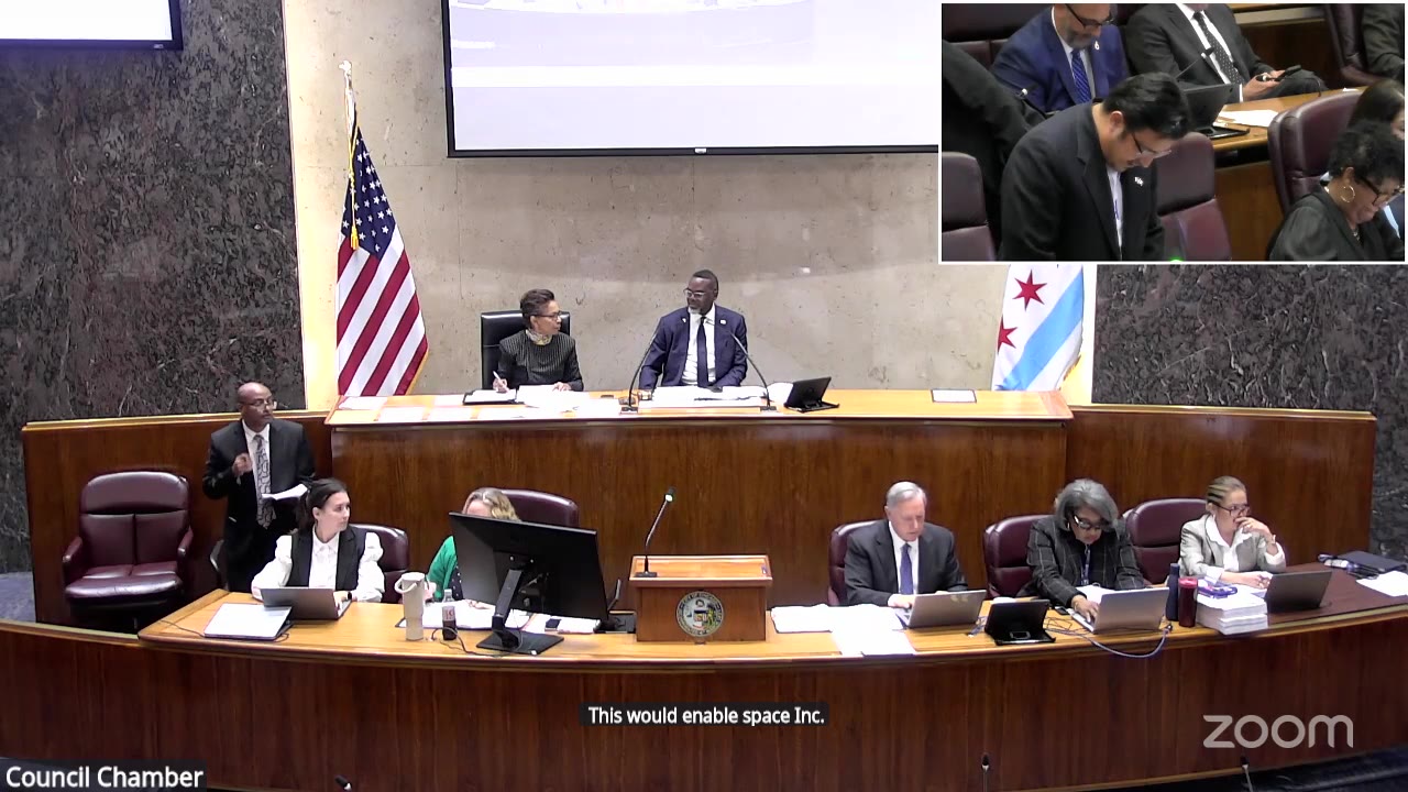 Ald. Byron Sigcho-Lopez (25th Ward), inset, reads the NeighborSpace items in the Housing committee's report at the City Council, Sept. 23, 2026