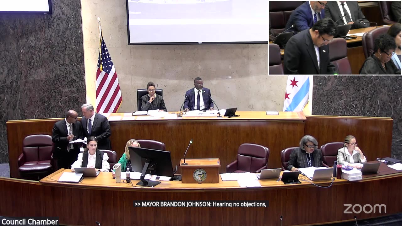 Ald. Byron Sigcho-Lopez (25th Ward), inset, reads the Housing committee's land sales at the City Council, Sept. 23, 2026