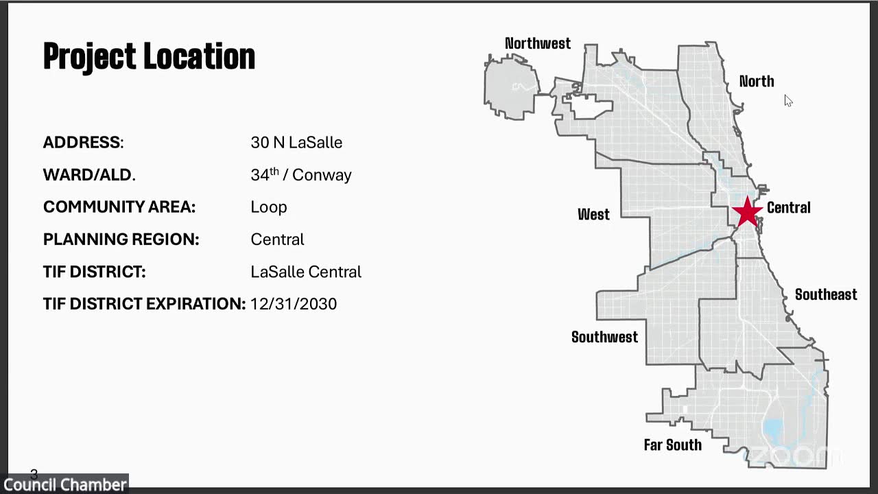 The Department of Housing's slide for 30 N. LaSalle: 34th Ward, the Loop, the LaSalle Central TIF district. Committee on Finance, Sept. 22, 2026