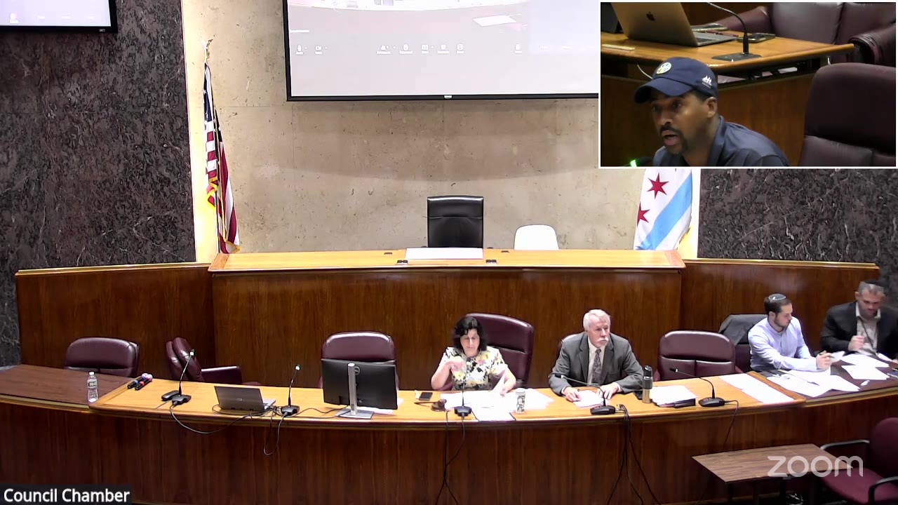 Ald. William Hall (6th Ward), inset, presents his liquor moratoriums to the Committee on License and Consumer Protection, Sept. 9, 2026