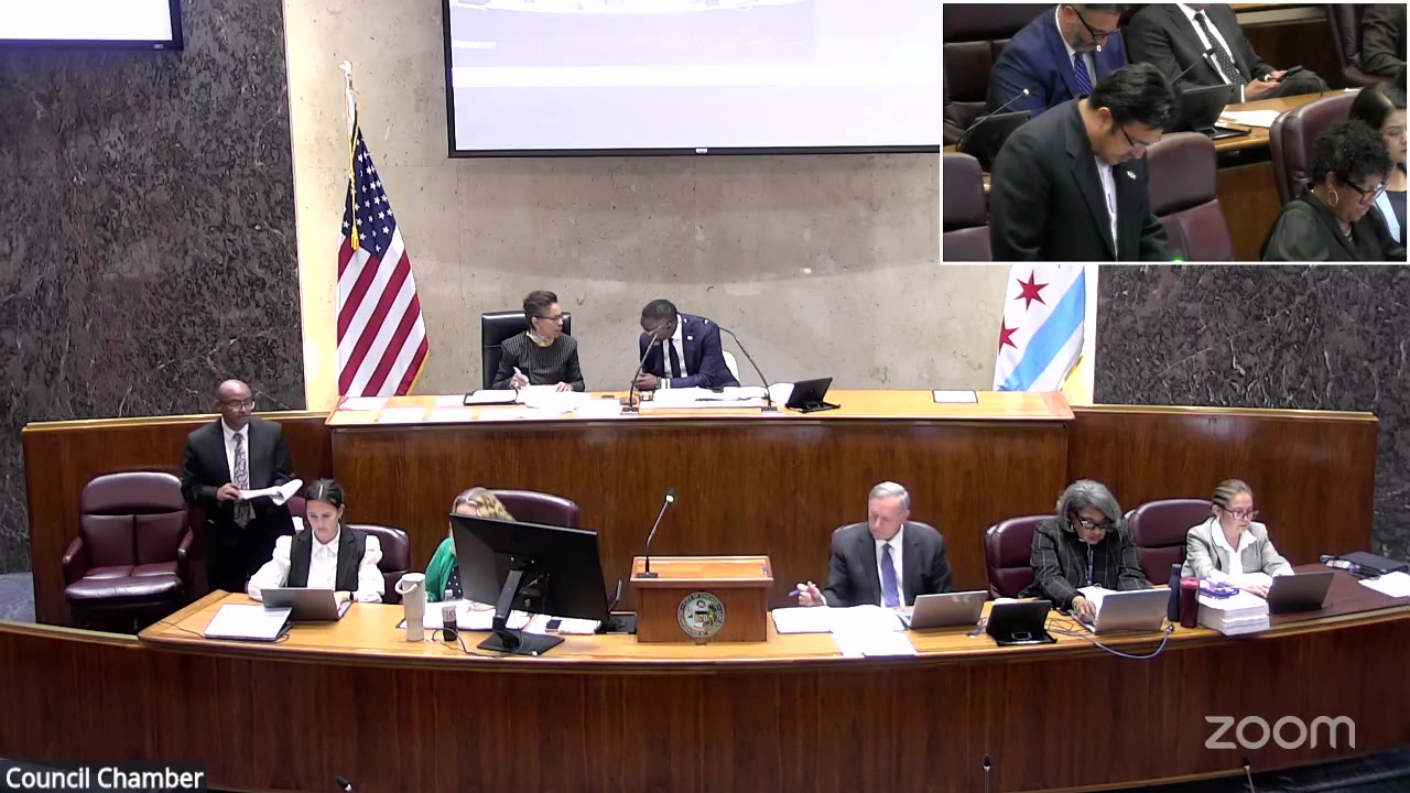 Ald. Byron Sigcho-Lopez (25th Ward), inset, reads the Housing committee's report, including the Regenerator financing, at the City Council, Sept. 23, 2026