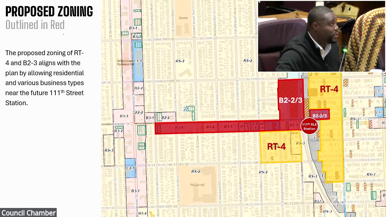 A Department of Planning and Development map of the proposed RT-4 and B2-3 zoning around the future 111th Street Red Line station, with Ald. Ronnie L. Mosley (21st Ward) in an inset, Sept. 22, 2026