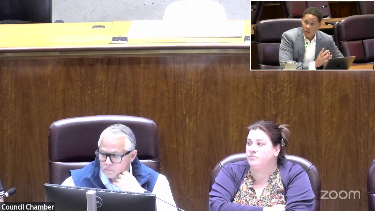 Ald. Matthew J. Martin (47th Ward), shown in an inset, answers questions as members of the Committee on Zoning, Landmarks and Building Standards listen, Oct. 13, 2026